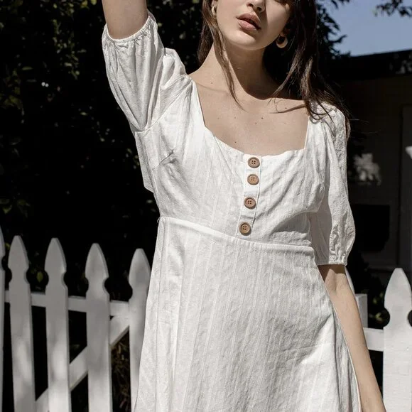 NWT Lulus Endearing Looks Ivory Puff Sleeve Lace-Up Mini Dress (size S) - Picture 4 of 8